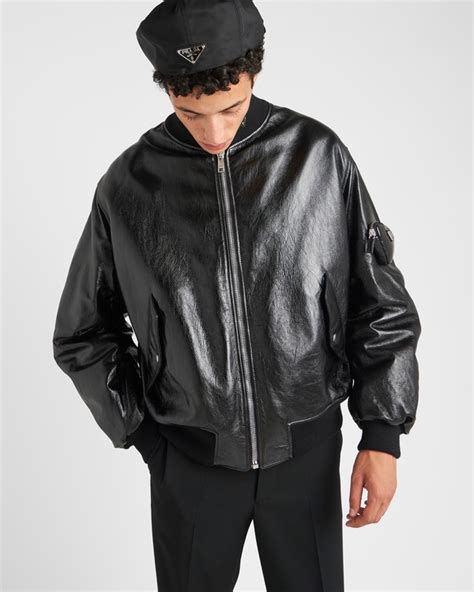 prada cervo pelle talco bomber|Black Nappa Leather Bomber Jacket .